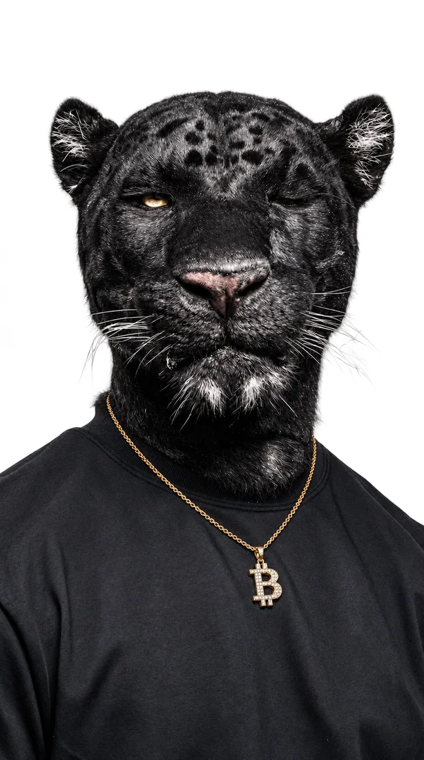 Cato, panthère noire au pendentif Bitcoin